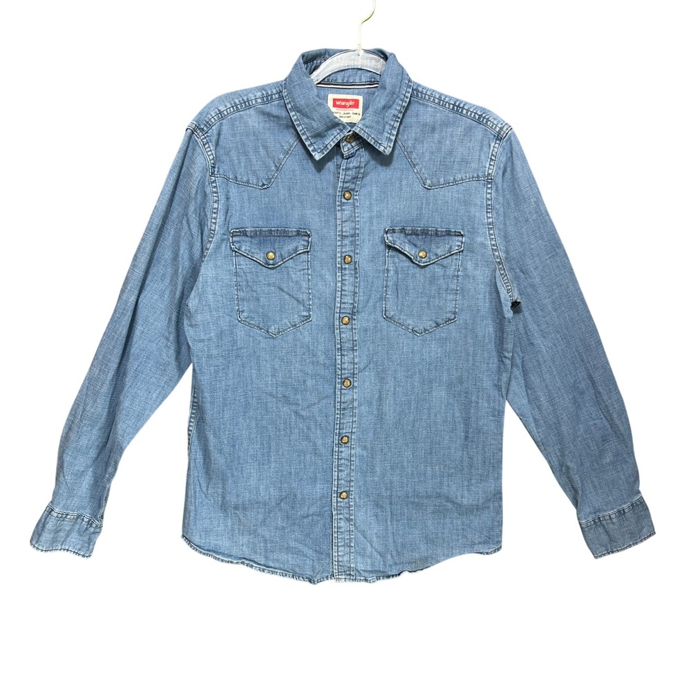 Wrangler Mens Western Denim Pearl Snap Shirt Light Wash Long Sleeve MG2-21 M